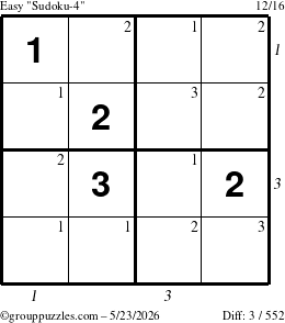 The grouppuzzles.com Easy Sudoku-4 puzzle for Saturday May 23, 2026, suitable for printing, with all 3 steps marked