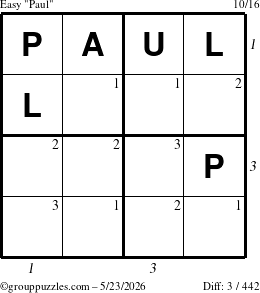 The grouppuzzles.com Easy Paul puzzle for Saturday May 23, 2026, suitable for printing, with all 3 steps marked