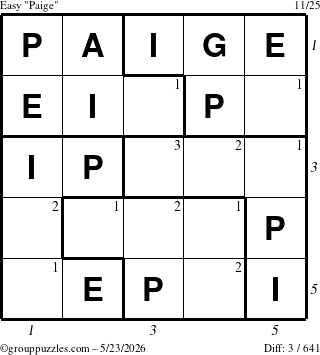 The grouppuzzles.com Easy Paige puzzle for Saturday May 23, 2026, suitable for printing, with all 3 steps marked