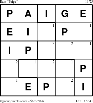 The grouppuzzles.com Easy Paige puzzle for Saturday May 23, 2026 with the first 3 steps marked