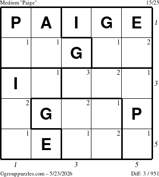 The grouppuzzles.com Medium Paige puzzle for Saturday May 23, 2026, suitable for printing, with all 3 steps marked