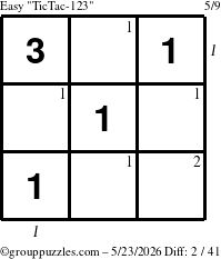 The grouppuzzles.com Easy TicTac-123 puzzle for Saturday May 23, 2026, suitable for printing, with all 2 steps marked