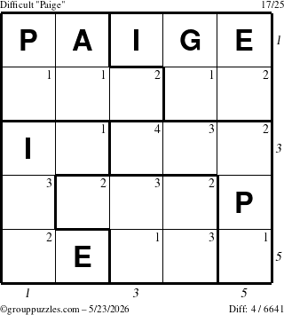 The grouppuzzles.com Difficult Paige puzzle for Saturday May 23, 2026 with all 4 steps marked