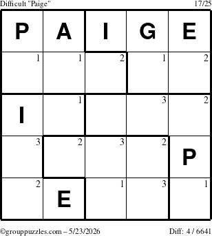 The grouppuzzles.com Difficult Paige puzzle for Saturday May 23, 2026 with the first 3 steps marked