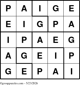 The grouppuzzles.com Answer grid for the Paige puzzle for Saturday May 23, 2026