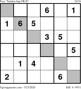 The grouppuzzles.com Easy Sudoku-6up-UR-D puzzle for Saturday May 23, 2026