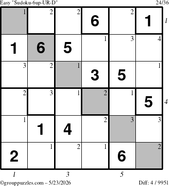 The grouppuzzles.com Easy Sudoku-6up-UR-D puzzle for Saturday May 23, 2026, suitable for printing, with all 4 steps marked