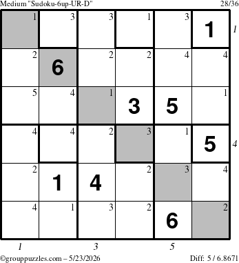 The grouppuzzles.com Medium Sudoku-6up-UR-D puzzle for Saturday May 23, 2026 with all 5 steps marked