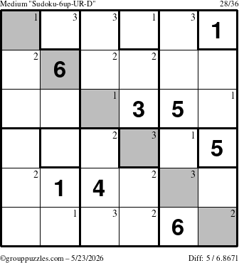 The grouppuzzles.com Medium Sudoku-6up-UR-D puzzle for Saturday May 23, 2026 with the first 3 steps marked