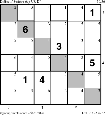 The grouppuzzles.com Difficult Sudoku-6up-UR-D puzzle for Saturday May 23, 2026 with all 6 steps marked