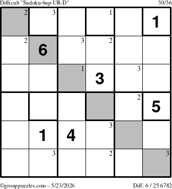 The grouppuzzles.com Difficult Sudoku-6up-UR-D puzzle for Saturday May 23, 2026 with the first 3 steps marked