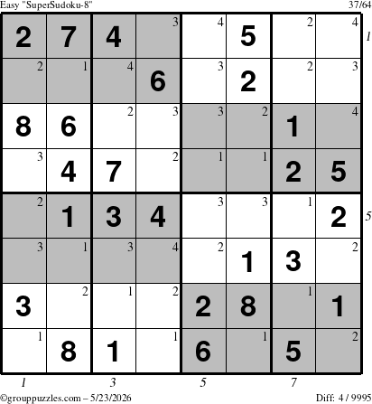 The grouppuzzles.com Easy SuperSudoku-8 puzzle for Saturday May 23, 2026, suitable for printing, with all 4 steps marked