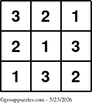 The grouppuzzles.com Answer grid for the TicTac-123 puzzle for Saturday May 23, 2026