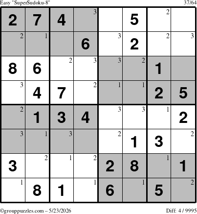 The grouppuzzles.com Easy SuperSudoku-8 puzzle for Saturday May 23, 2026 with the first 3 steps marked