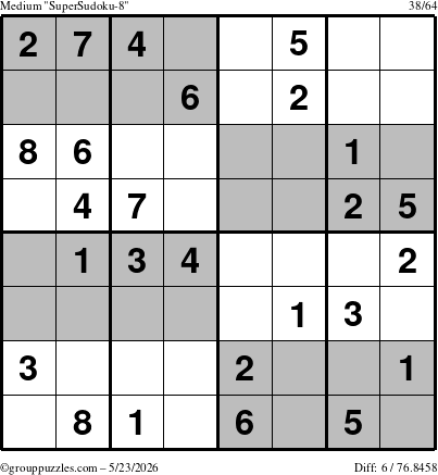 The grouppuzzles.com Medium SuperSudoku-8 puzzle for Saturday May 23, 2026