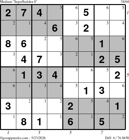 The grouppuzzles.com Medium SuperSudoku-8 puzzle for Saturday May 23, 2026 with all 6 steps marked