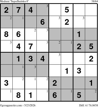 The grouppuzzles.com Medium SuperSudoku-8 puzzle for Saturday May 23, 2026 with the first 3 steps marked