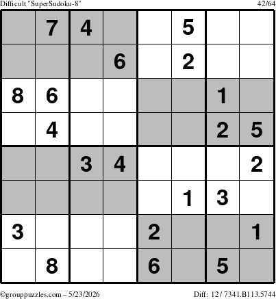 The grouppuzzles.com Difficult SuperSudoku-8 puzzle for Saturday May 23, 2026