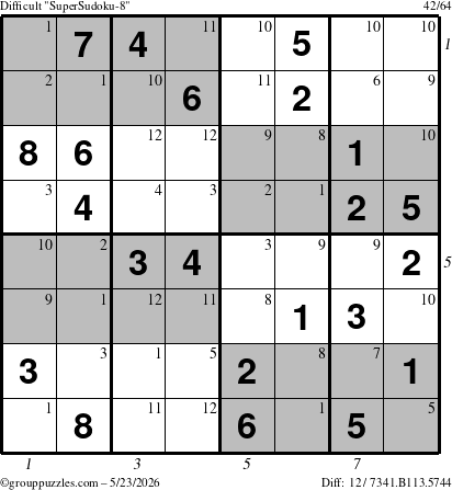 The grouppuzzles.com Difficult SuperSudoku-8 puzzle for Saturday May 23, 2026, suitable for printing, with all 12 steps marked