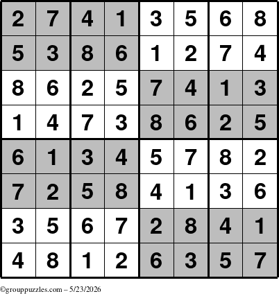 The grouppuzzles.com Answer grid for the SuperSudoku-8 puzzle for Saturday May 23, 2026