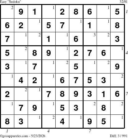 The grouppuzzles.com Easy Sudoku puzzle for Saturday May 23, 2026, suitable for printing, with all 3 steps marked