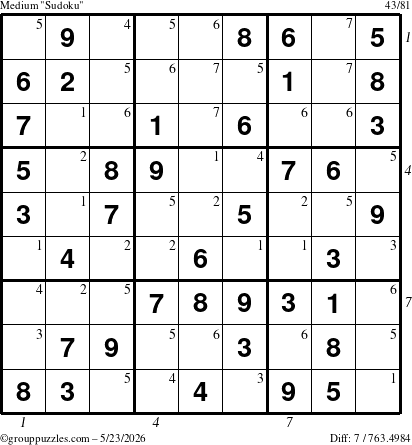 The grouppuzzles.com Medium Sudoku puzzle for Saturday May 23, 2026 with all 7 steps marked