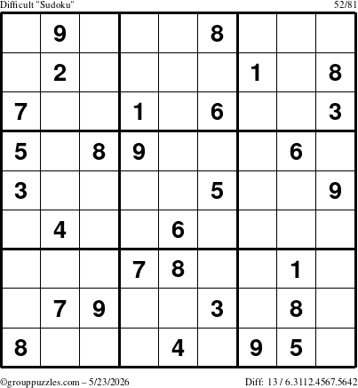 The grouppuzzles.com Difficult Sudoku puzzle for Saturday May 23, 2026