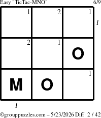 The grouppuzzles.com Easy TicTac-MNO puzzle for Saturday May 23, 2026 with all 2 steps marked