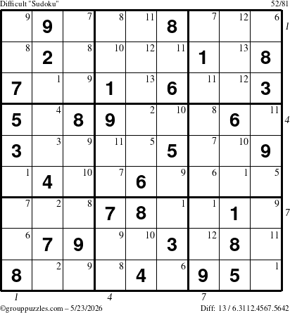 The grouppuzzles.com Difficult Sudoku puzzle for Saturday May 23, 2026, suitable for printing, with all 13 steps marked
