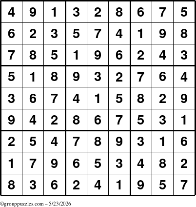 The grouppuzzles.com Answer grid for the Sudoku puzzle for Saturday May 23, 2026