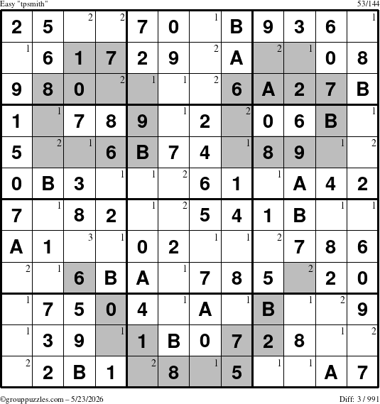 The grouppuzzles.com Easy tpsmith puzzle for Saturday May 23, 2026 with the first 3 steps marked