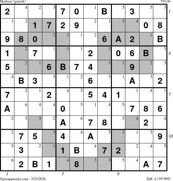 The grouppuzzles.com Medium tpsmith puzzle for Saturday May 23, 2026, suitable for printing, with all 6 steps marked