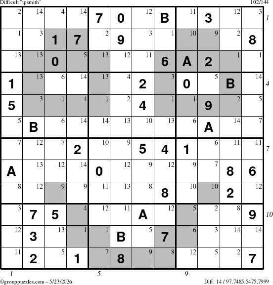 The grouppuzzles.com Difficult tpsmith puzzle for Saturday May 23, 2026 with all 14 steps marked