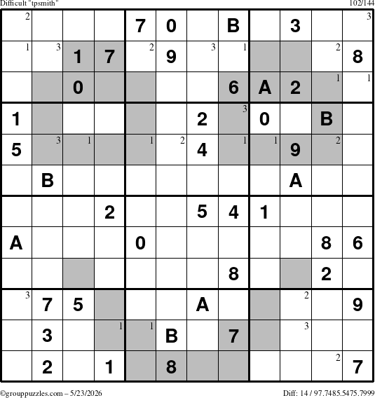 The grouppuzzles.com Difficult tpsmith puzzle for Saturday May 23, 2026 with the first 3 steps marked
