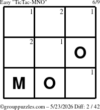 The grouppuzzles.com Easy TicTac-MNO puzzle for Saturday May 23, 2026 with the first 2 steps marked