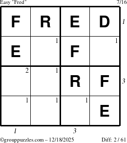 The grouppuzzles.com Easy Fred puzzle for Thursday December 18, 2025 with all 2 steps marked