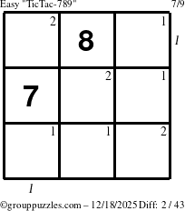 The grouppuzzles.com Easy TicTac-789 puzzle for Thursday December 18, 2025, suitable for printing, with all 2 steps marked