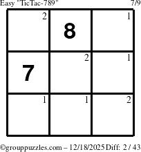 The grouppuzzles.com Easy TicTac-789 puzzle for Thursday December 18, 2025 with the first 2 steps marked