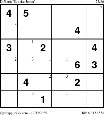 The grouppuzzles.com Difficult Sudoku-Junior puzzle for Thursday December 18, 2025 with the first 3 steps marked