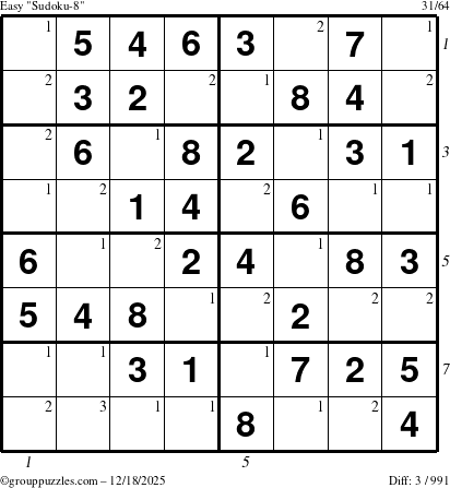The grouppuzzles.com Easy Sudoku-8 puzzle for Thursday December 18, 2025 with all 3 steps marked