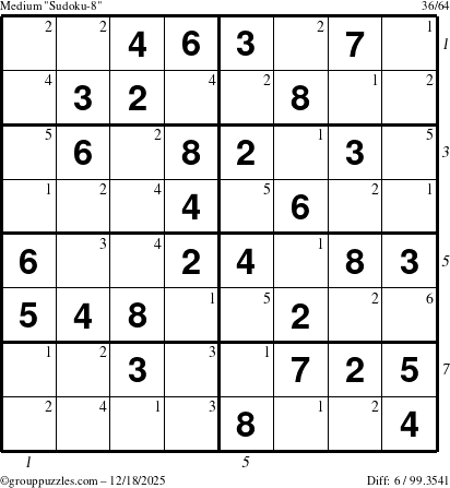 The grouppuzzles.com Medium Sudoku-8 puzzle for Thursday December 18, 2025 with all 6 steps marked
