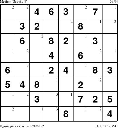 The grouppuzzles.com Medium Sudoku-8 puzzle for Thursday December 18, 2025 with the first 3 steps marked
