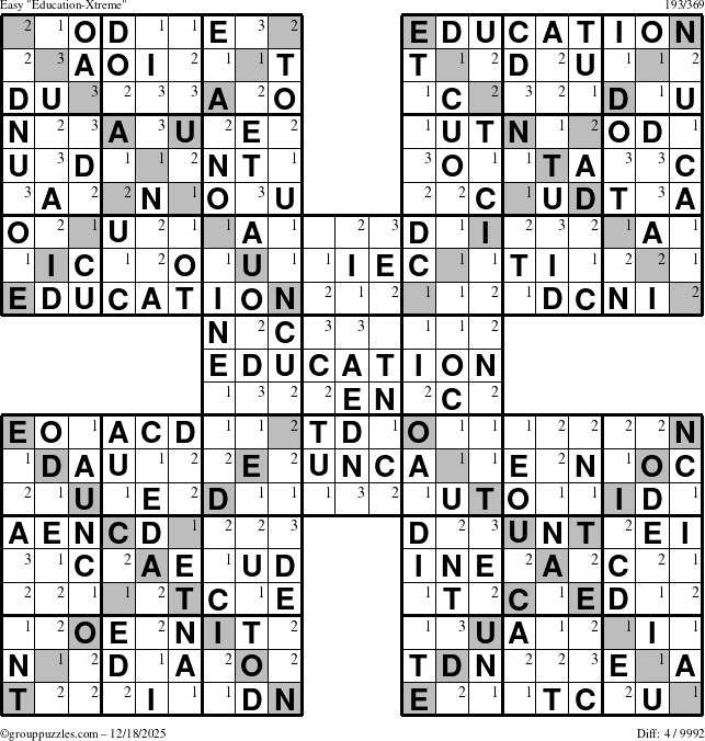 The grouppuzzles.com Easy Education-Xtreme puzzle for Thursday December 18, 2025 with the first 3 steps marked