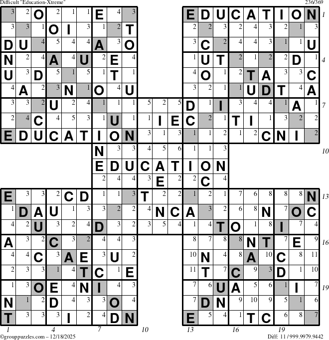 The grouppuzzles.com Difficult Education-Xtreme puzzle for Thursday December 18, 2025, suitable for printing, with all 11 steps marked