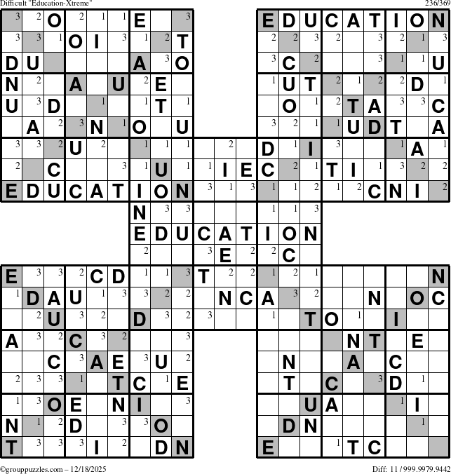 The grouppuzzles.com Difficult Education-Xtreme puzzle for Thursday December 18, 2025 with the first 3 steps marked