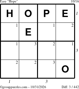 The grouppuzzles.com Easy Hope puzzle for Saturday October 31, 2026, suitable for printing, with all 3 steps marked
