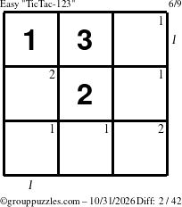 The grouppuzzles.com Easy TicTac-123 puzzle for Saturday October 31, 2026 with all 2 steps marked