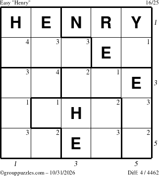 The grouppuzzles.com Easy Henry puzzle for Saturday October 31, 2026 with all 4 steps marked