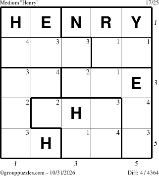 The grouppuzzles.com Medium Henry puzzle for Saturday October 31, 2026, suitable for printing, with all 4 steps marked