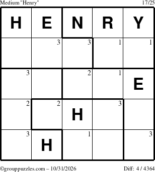 The grouppuzzles.com Medium Henry puzzle for Saturday October 31, 2026 with the first 3 steps marked